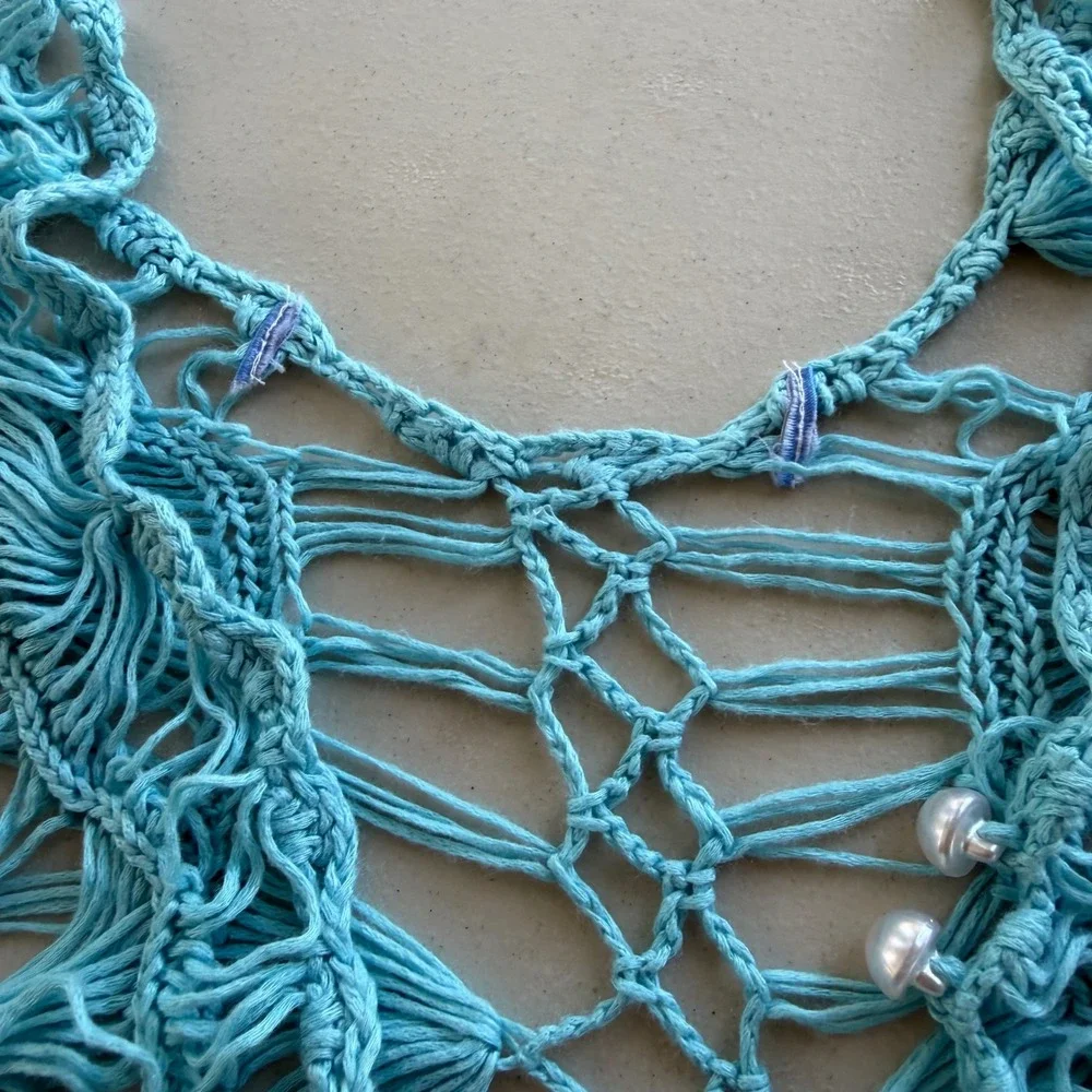 Women's Turquoise Aqua Blue Open Crochet Macrame Knit Pearl Button Beach Coverup